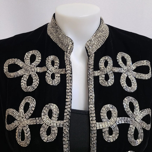 Oscar de la Renta Lillie Rubin Vintage Black Velvet Silver Beaded Jacket Medium - Picture 4 of 16